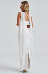Shiloh | Strapless Satin Dress with Mesh Scarf