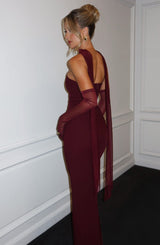 Shiloh | Strapless Satin Dress with Mesh Scarf