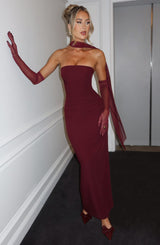 Shiloh | Strapless Satin Dress with Mesh Scarf