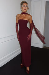 Shiloh | Strapless Satin Dress with Mesh Scarf