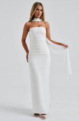 Shiloh | Strapless Satin Dress with Mesh Scarf