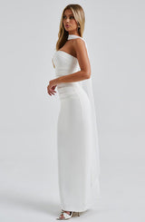 Shiloh | Strapless Satin Dress with Mesh Scarf